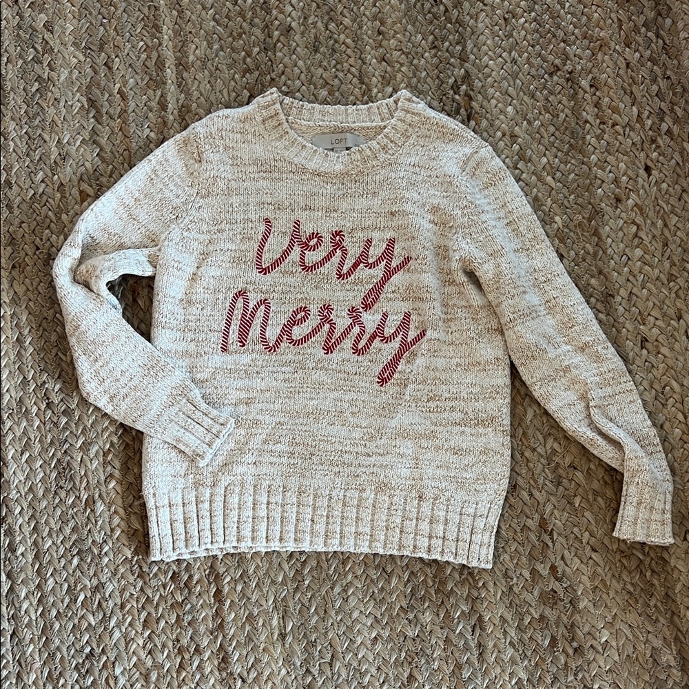 LOFT Cream Sweater with Red 'Very Merry' Design Small Petite EUC